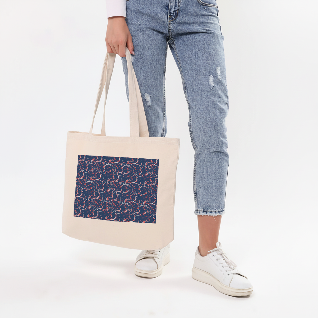 Red Floral Branch Pattern on Navy Background Horizontal Canvas Tote Bag
