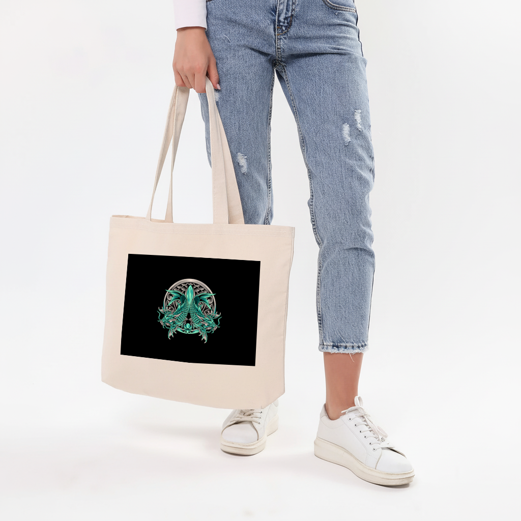 Turquoise Twin Dragon Emblem Design Horizontal Canvas Tote Bag