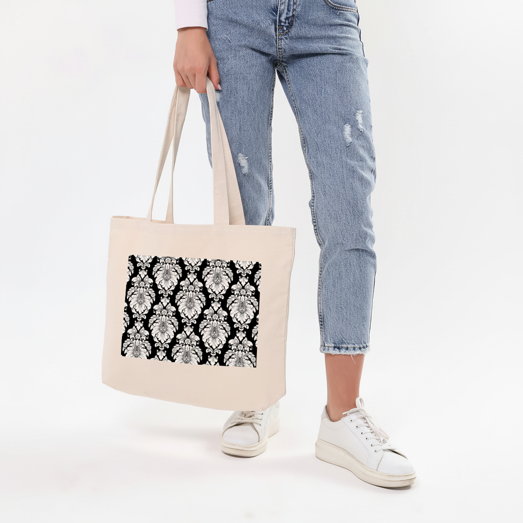 Black and White Baroque Floral Pattern Horizontal Canvas Tote Bag