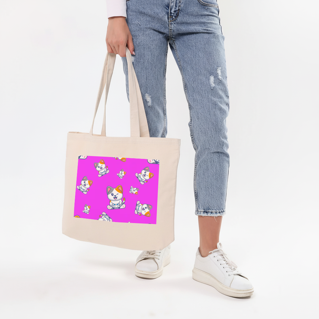 Cute Cartoon Cat Pattern on Pink Background Horizontal Canvas Tote Bag