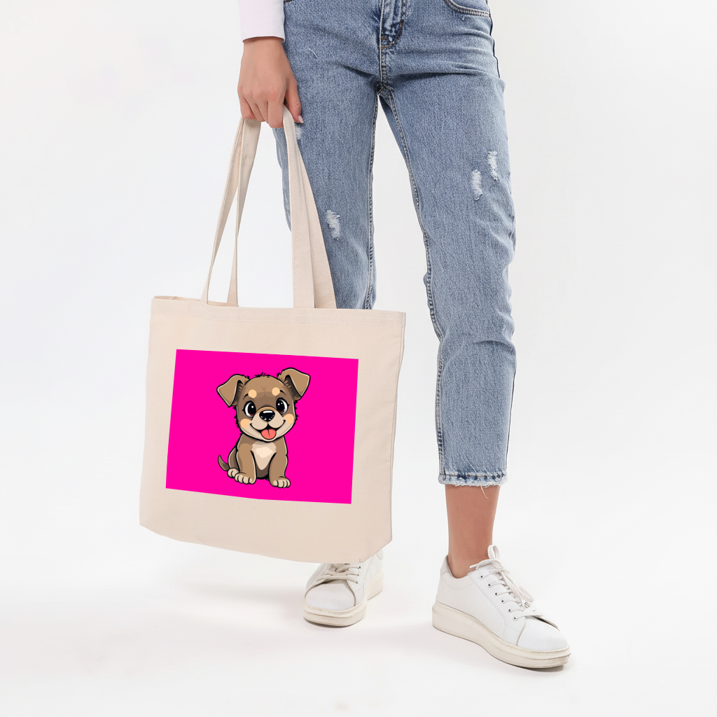 Cute Dog Illustration on Pink Background Horizontal Canvas Tote Bag