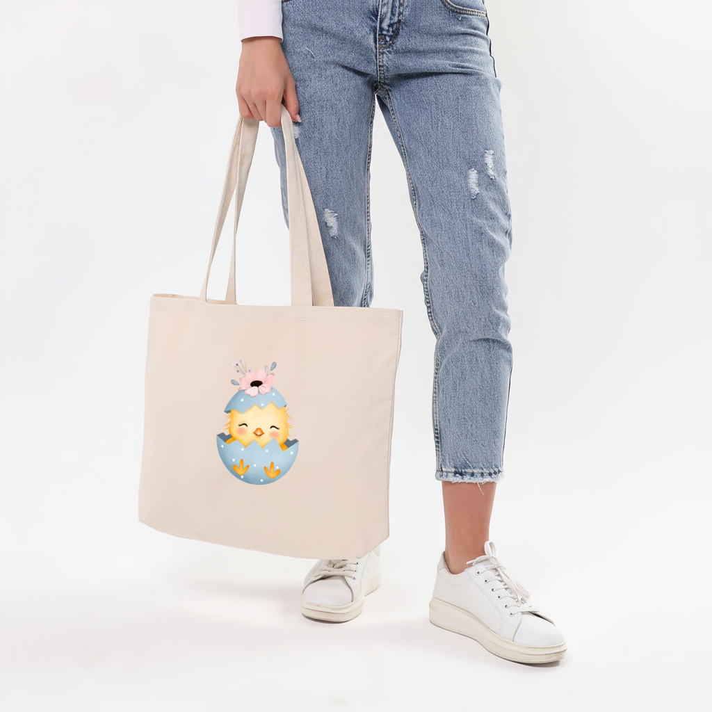 Cute Chick in Egg with Floral Hat Horizontal Canvas Tote Bag