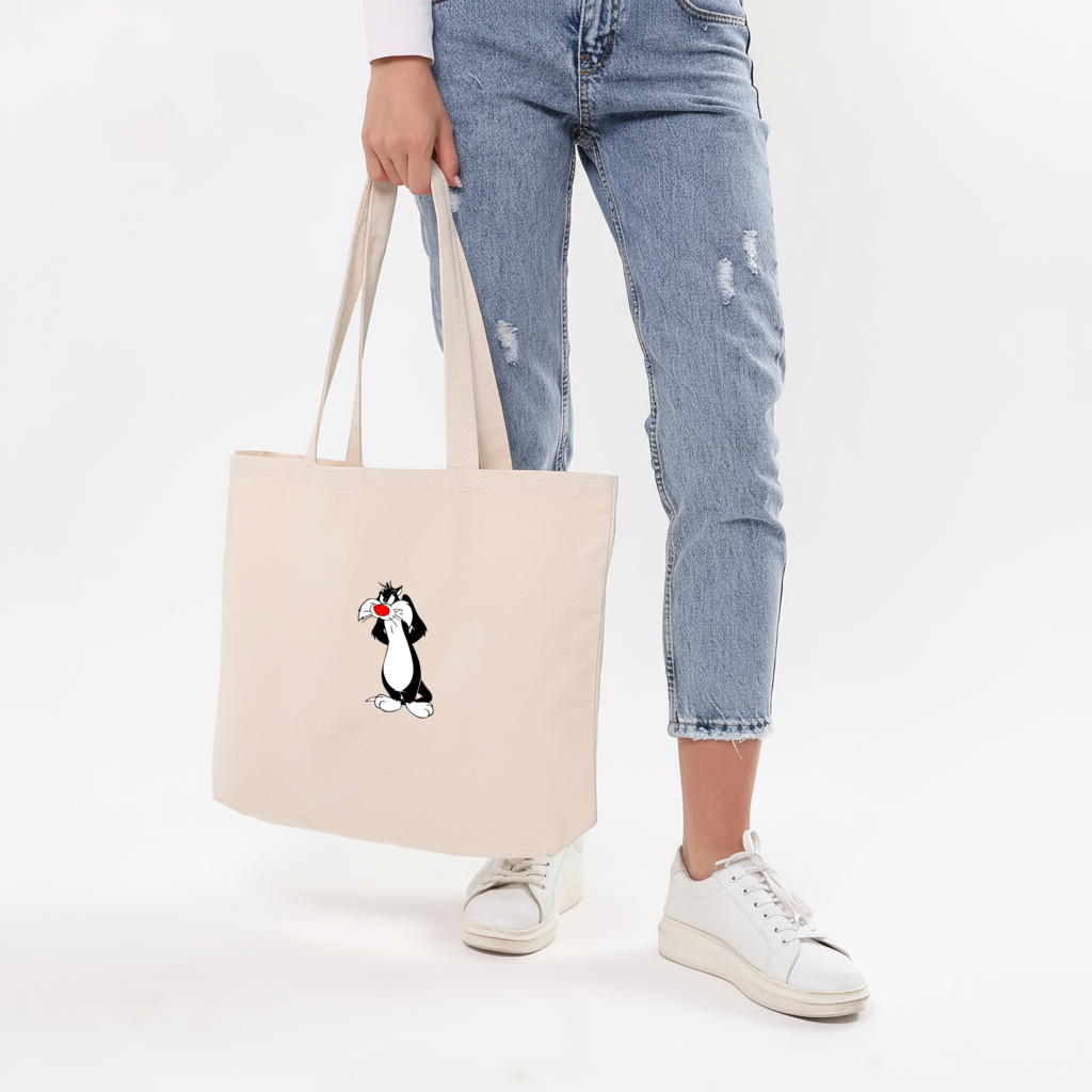 Funny Cartoon Cat Illustration Horizontal Canvas Tote Bag