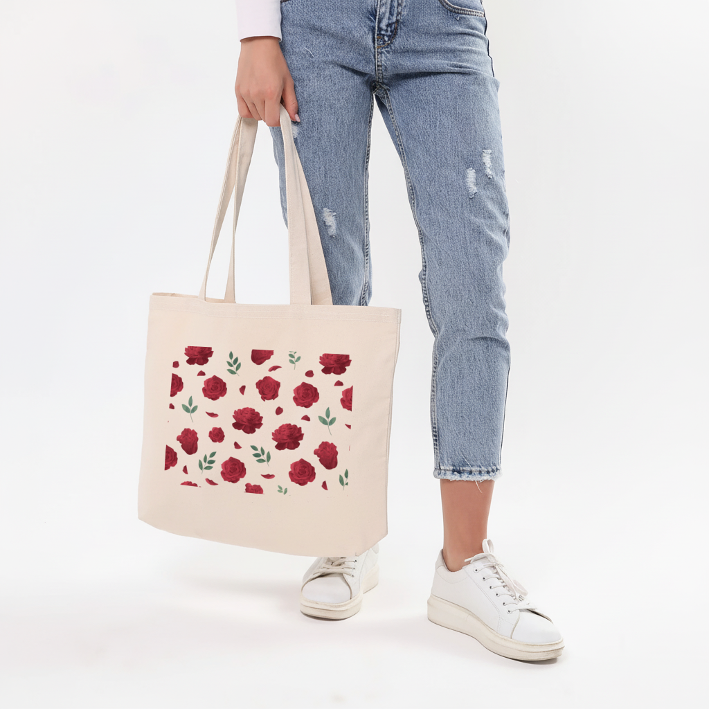 Red Rose and Leaf Romantic Seamless Pattern Horizontal Canvas Tote Bag