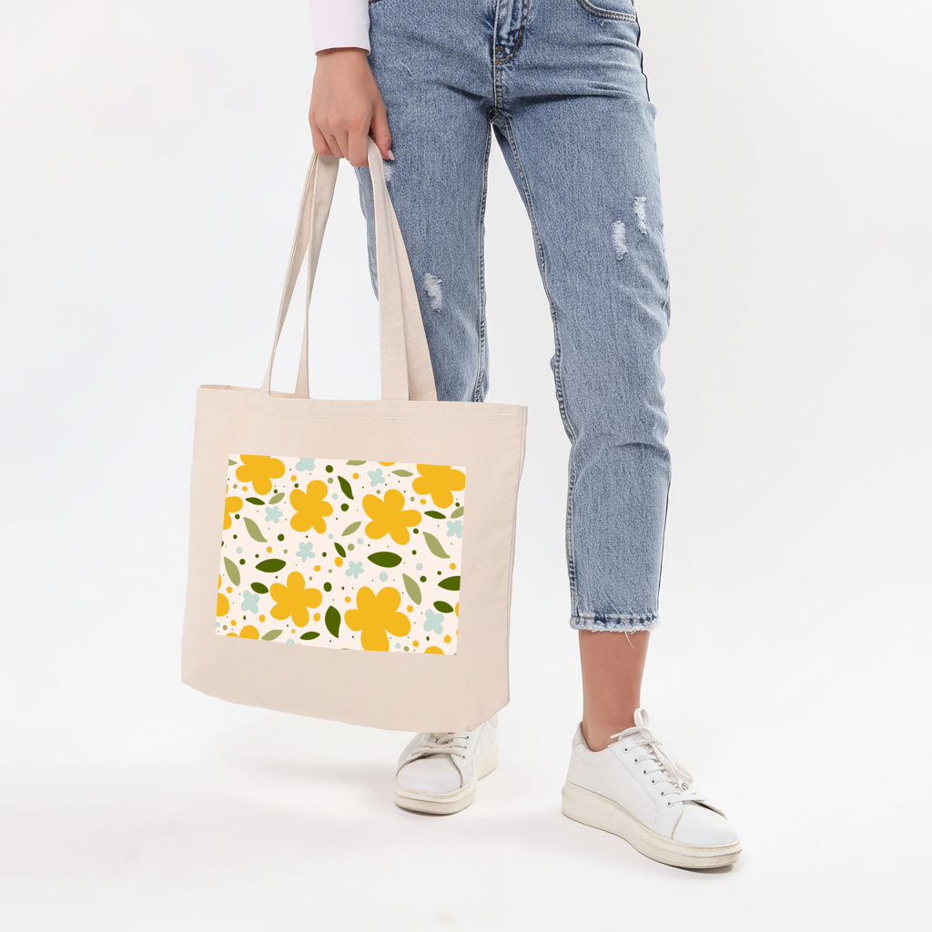 Yellow Floral and Leaf Boho Seamless Pattern Horizontal Canvas Tote Bag