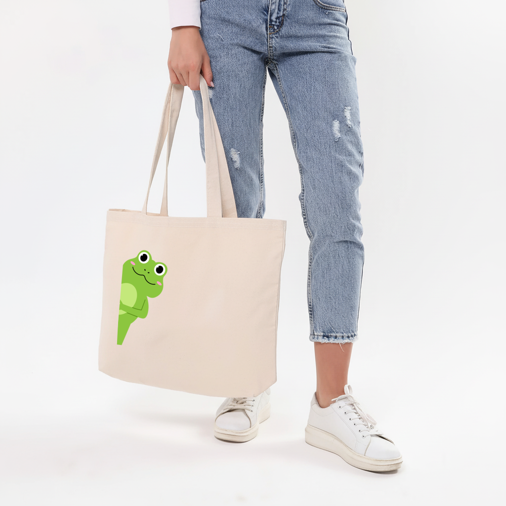 Cute Green Frog Peek-a-Boo Illustration Horizontal Canvas Tote Bag