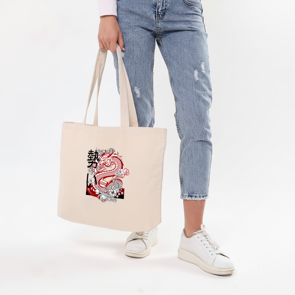 Japanese Dragon with Floral Design Horizontal Canvas Tote Bag