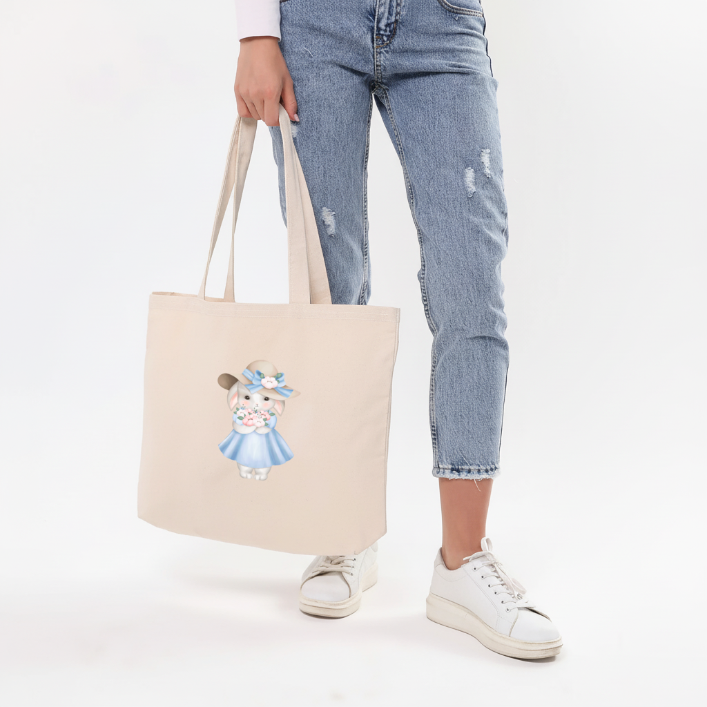Cute Bunny with Hat Holding Flowers Horizontal Canvas Tote Bag