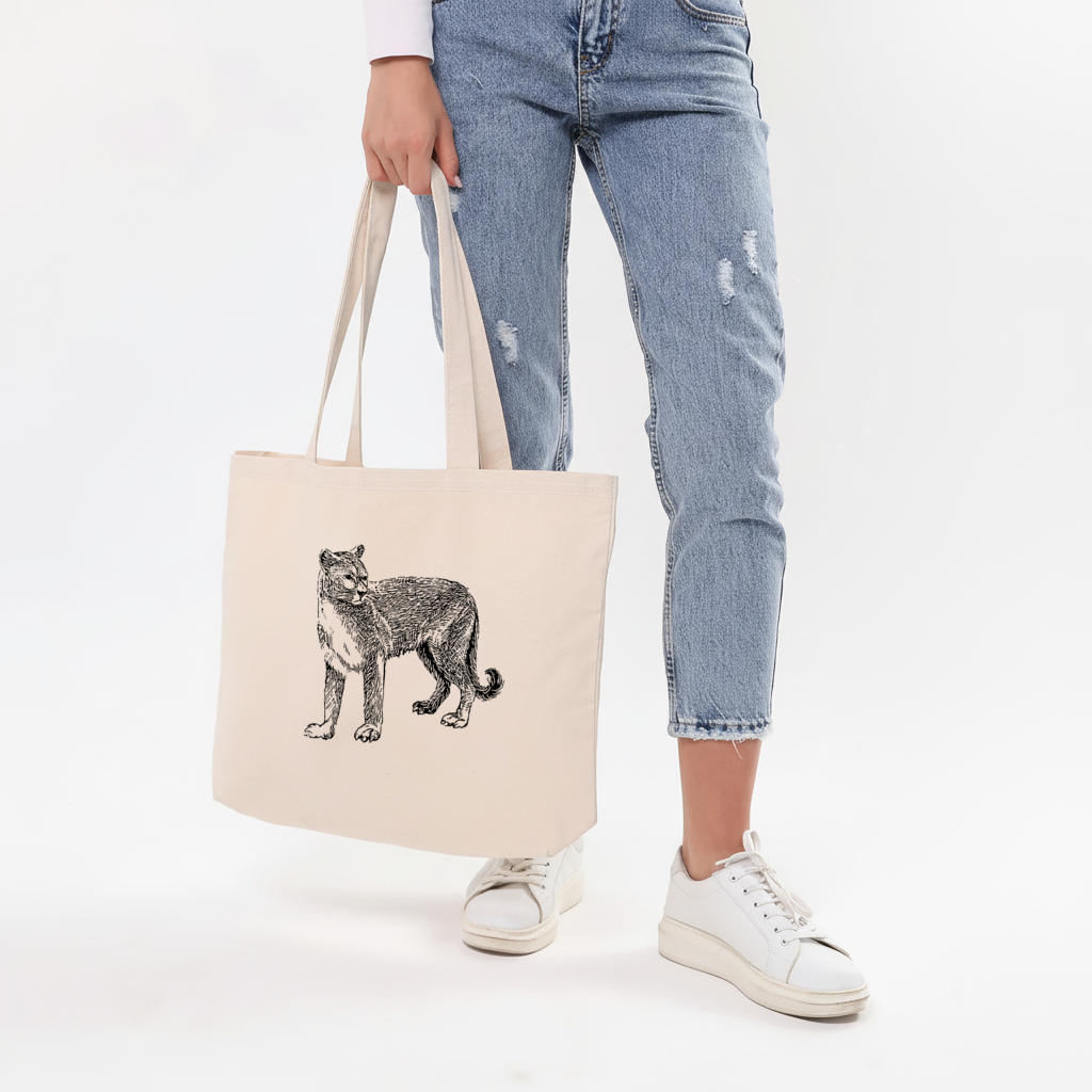 Black and White Wild Cat Sketch Illustration Horizontal Canvas Tote Bag