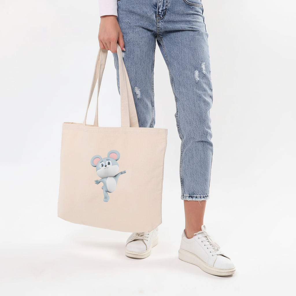 Dancing Cute Grey Mouse Character Horizontal Canvas Tote Bag
