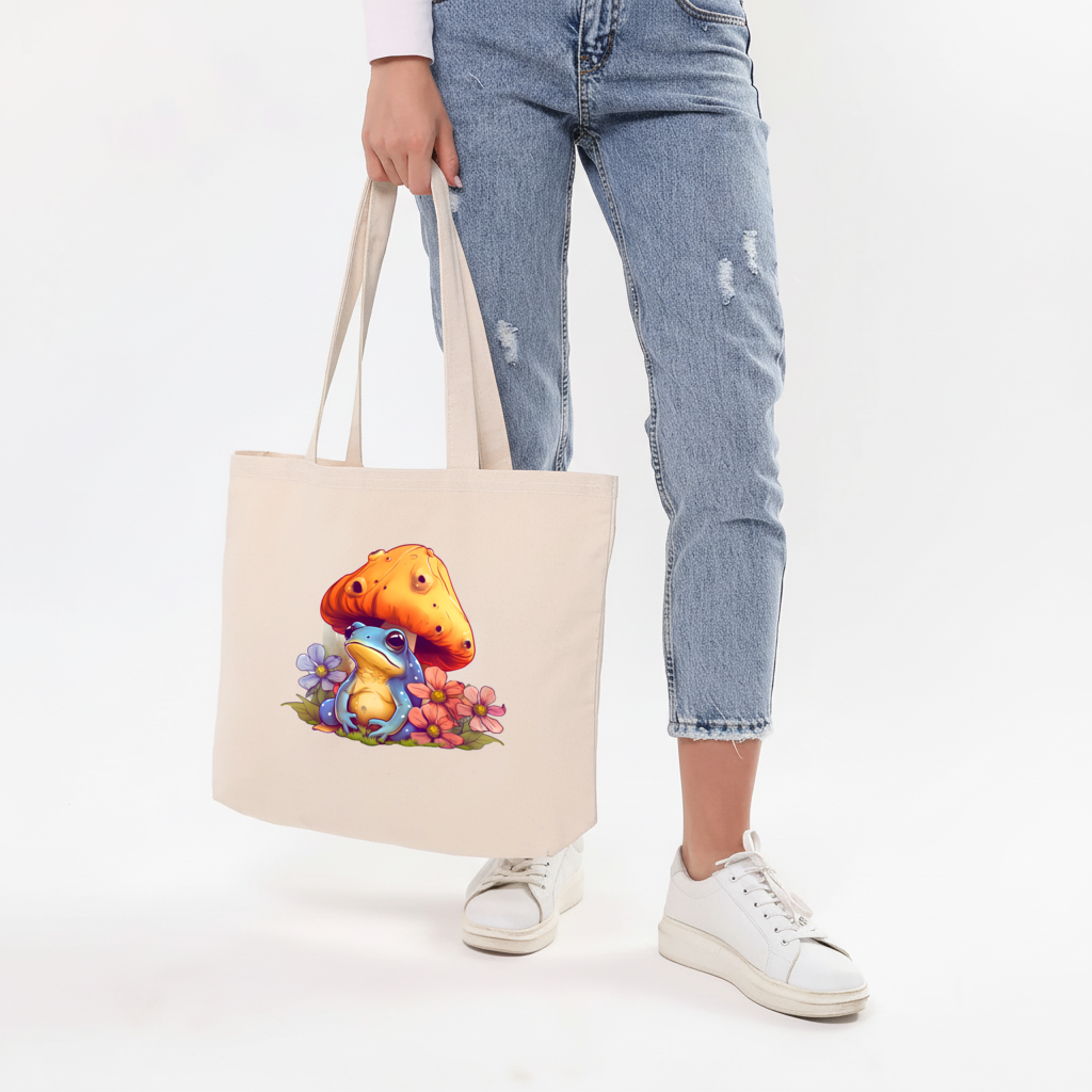 Blue Frog Resting Under Orange Mushroom Horizontal Canvas Tote Bag