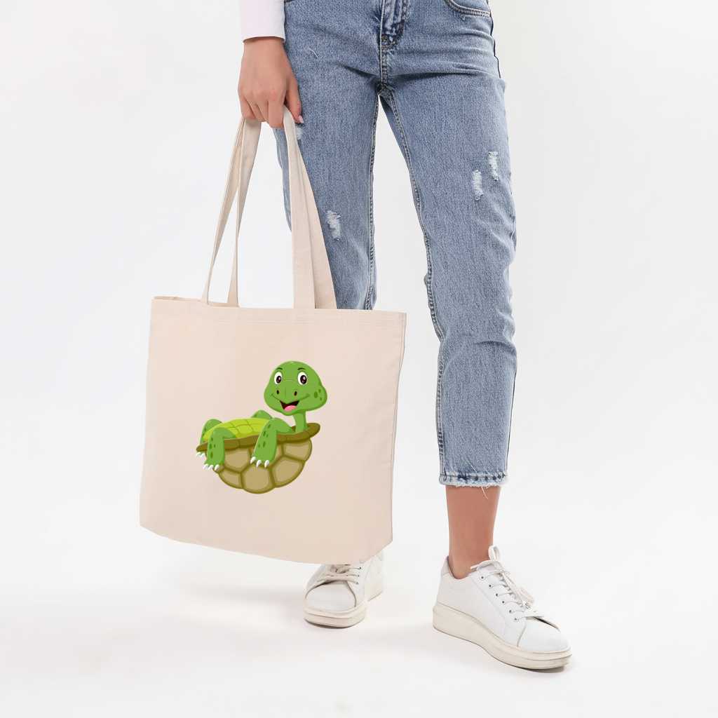 Happy Smiling Green Turtle in Shell Horizontal Canvas Tote Bag