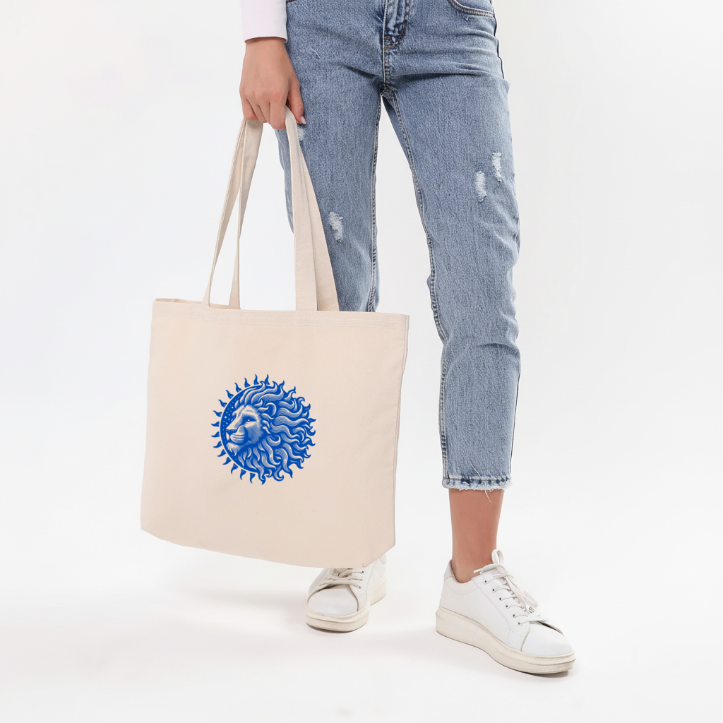 Leo Zodiac Sun and Moon Blue Motif Horizontal Canvas Tote Bag