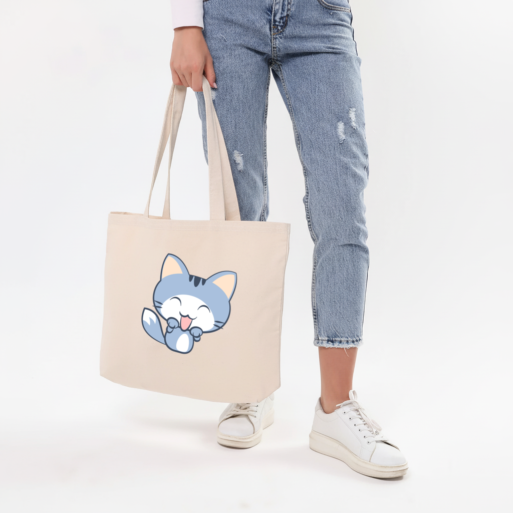 Kawaii Blue Cat Horizontal Canvas Tote Bag