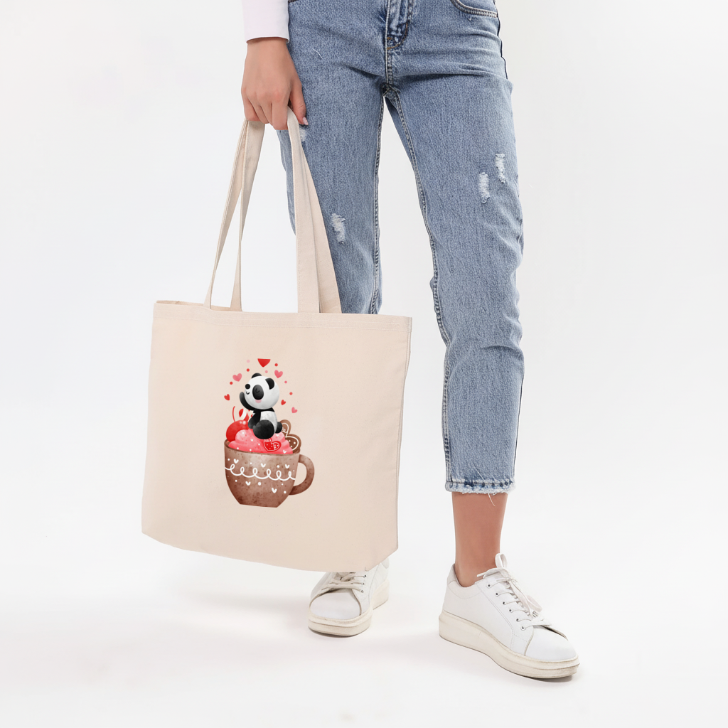 Kawaii Panda Coffee Time Horizontal Canvas Tote Bag