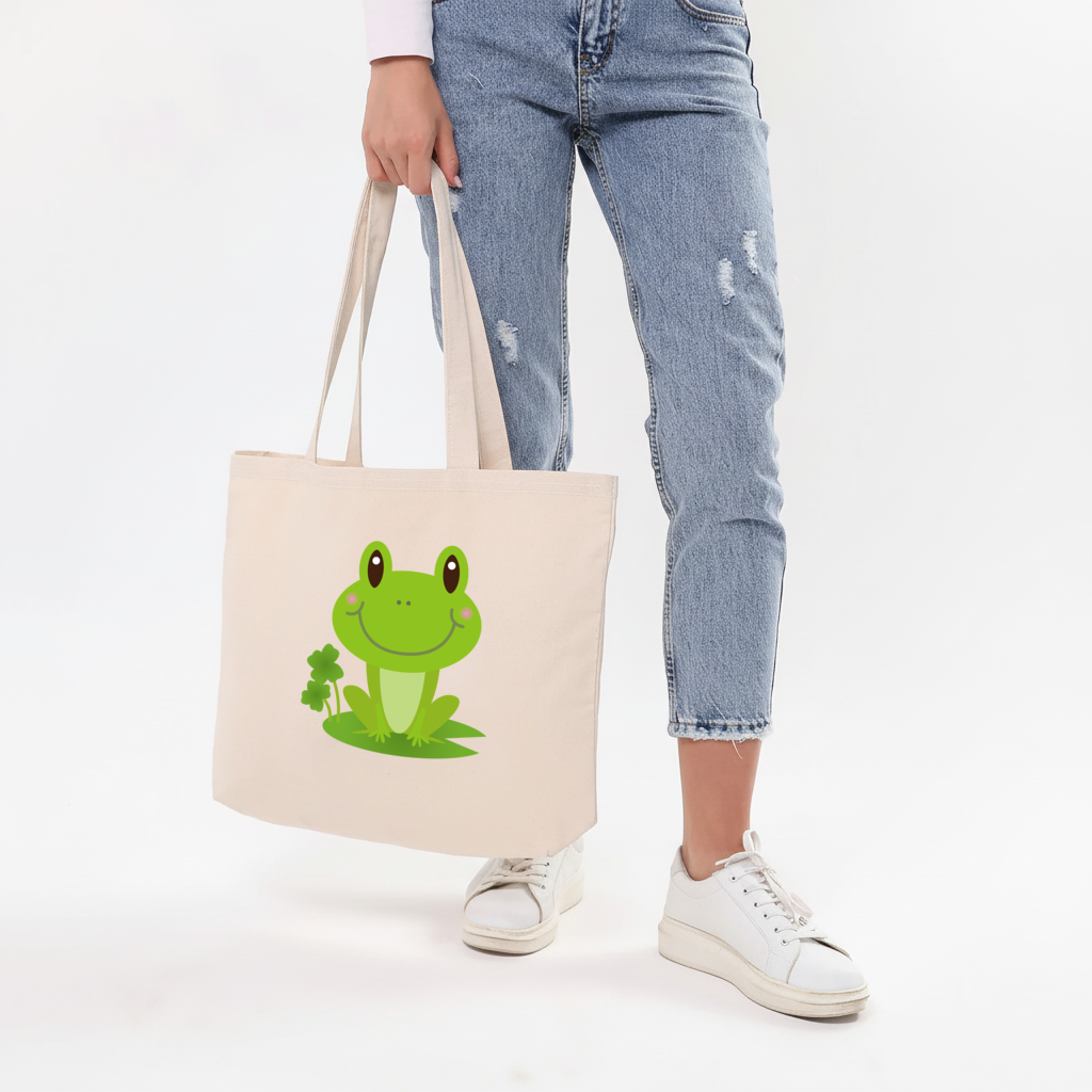 Cute Green Frog Horizontal Canvas Tote Bag