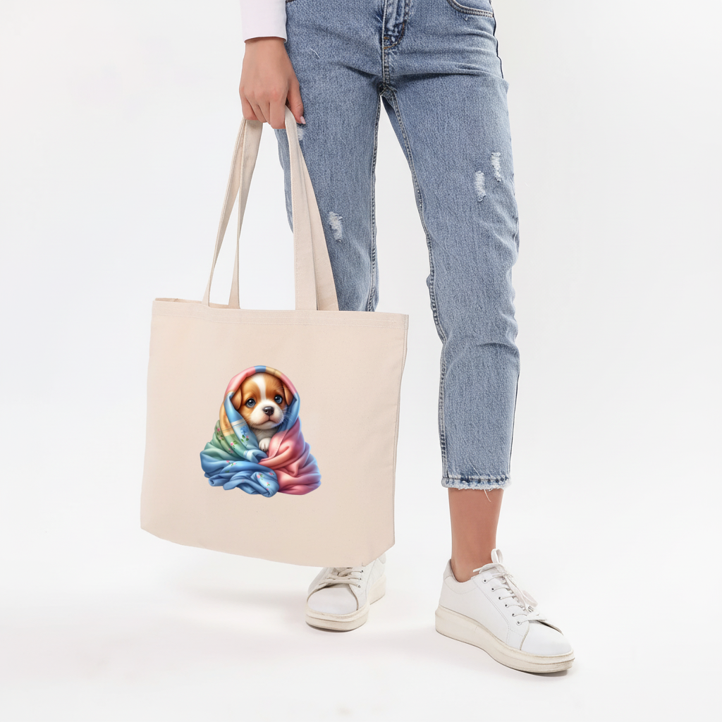 Cute Puppy Wrapped in Pastel Blanket Horizontal Canvas Tote Bag