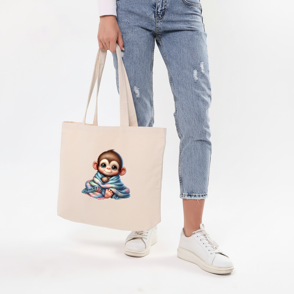 Cute Baby Monkey Wrapped in Blanket Horizontal Canvas Tote Bag