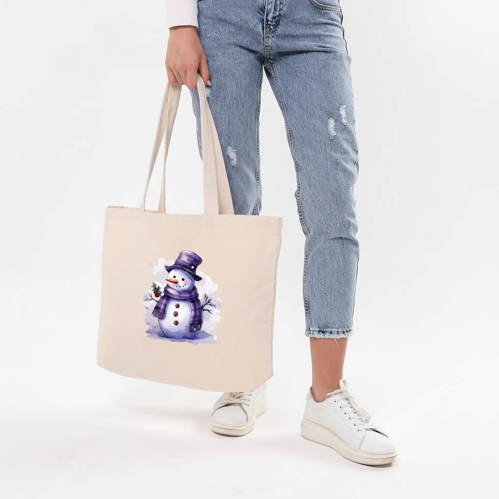 Whimsical Purple Snowman Horizontal Canvas Tote Bag