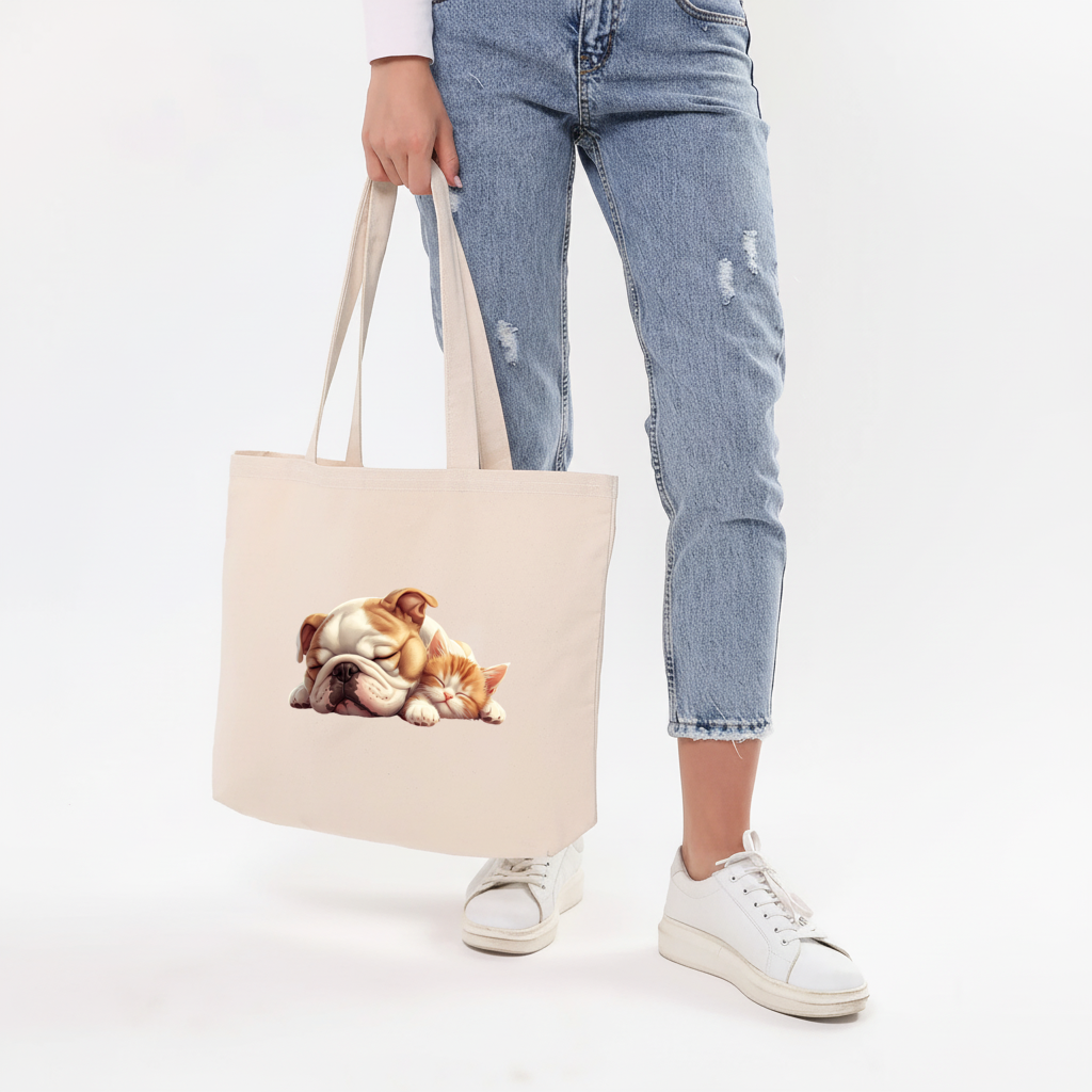 Sleeping Bulldog and Ginger Kitten Horizontal Canvas Tote Bag