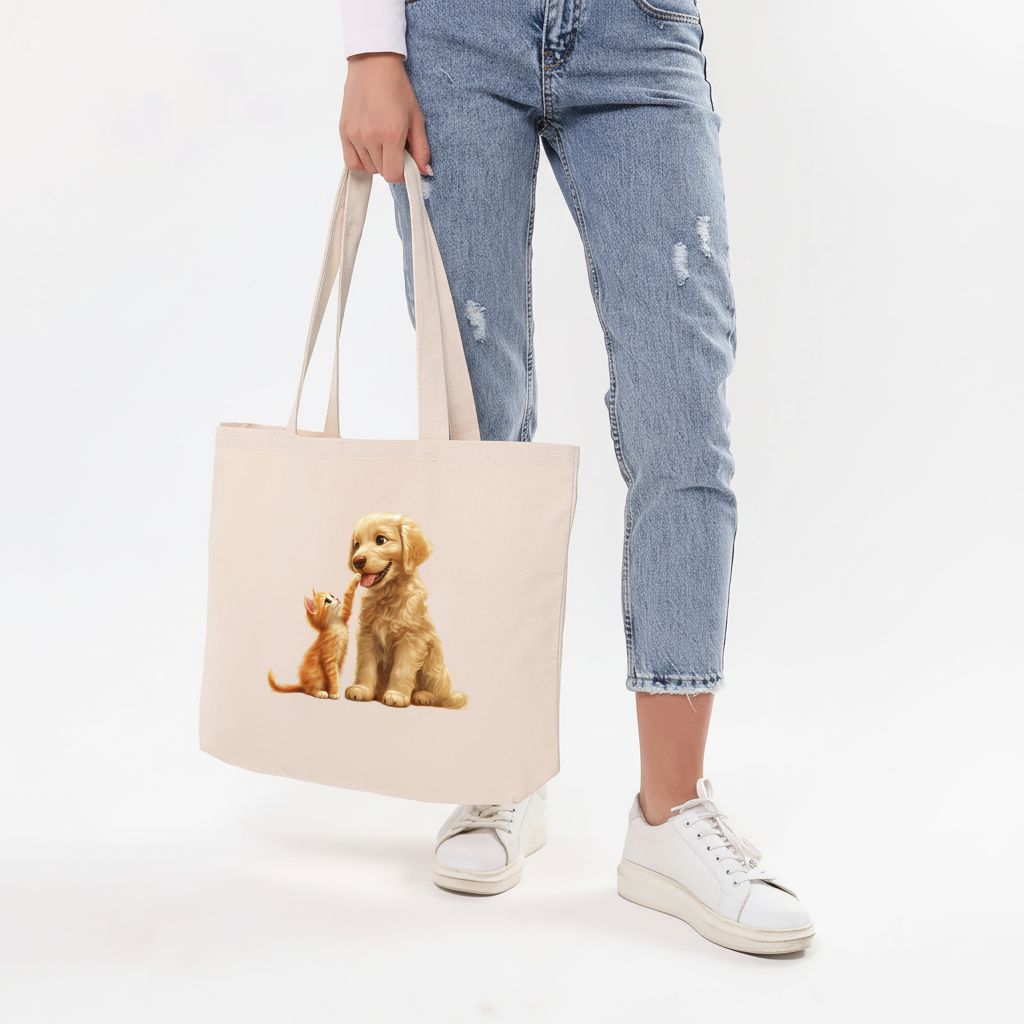 Golden Retriever and Ginger Kitten Horizontal Canvas Tote Bag