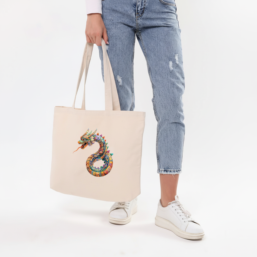 Colorful Mosaic Chinese Dragon Horizontal Canvas Tote Bag