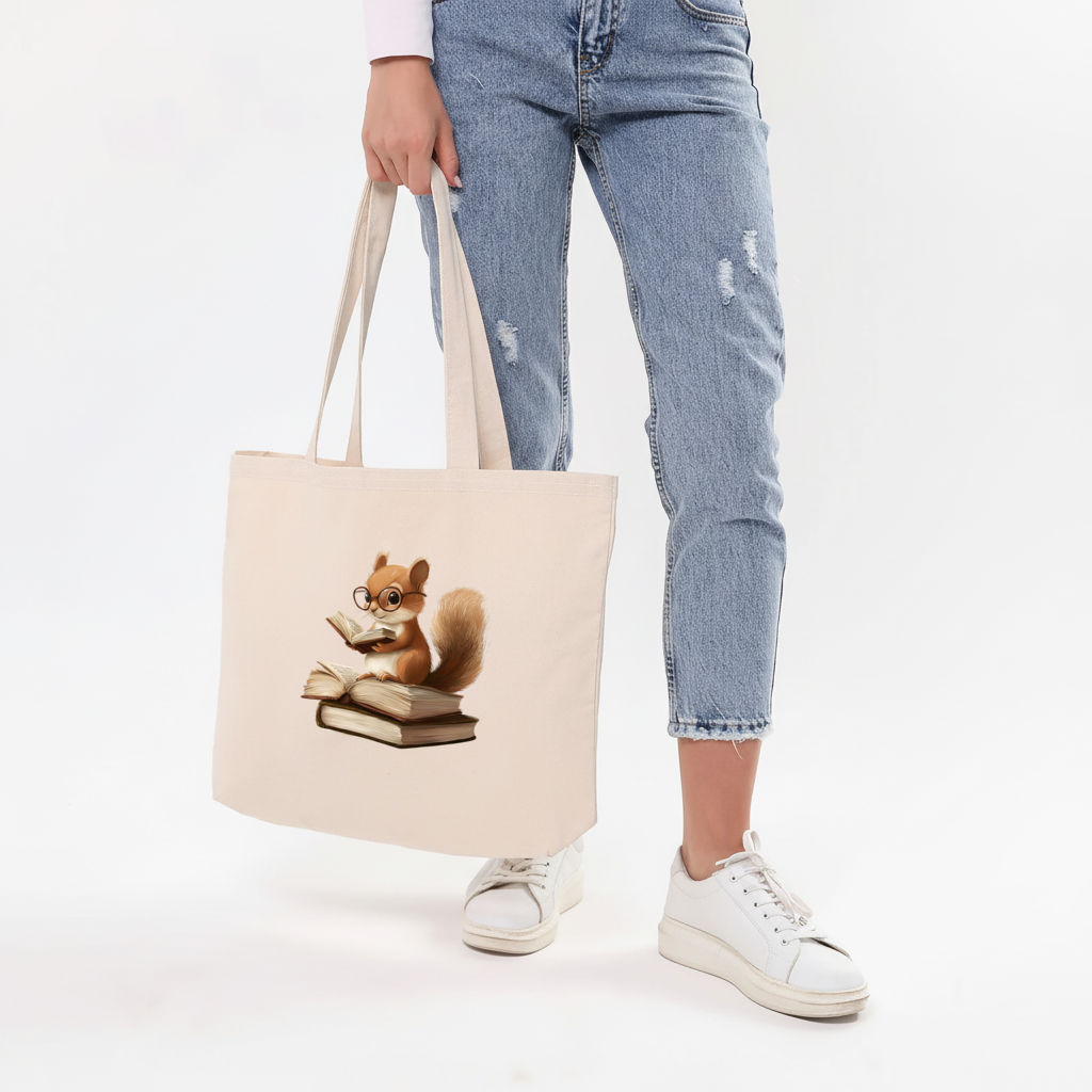 Scholarly Squirrel Reading on Book Stack Horizontal Canvas Tote Bag