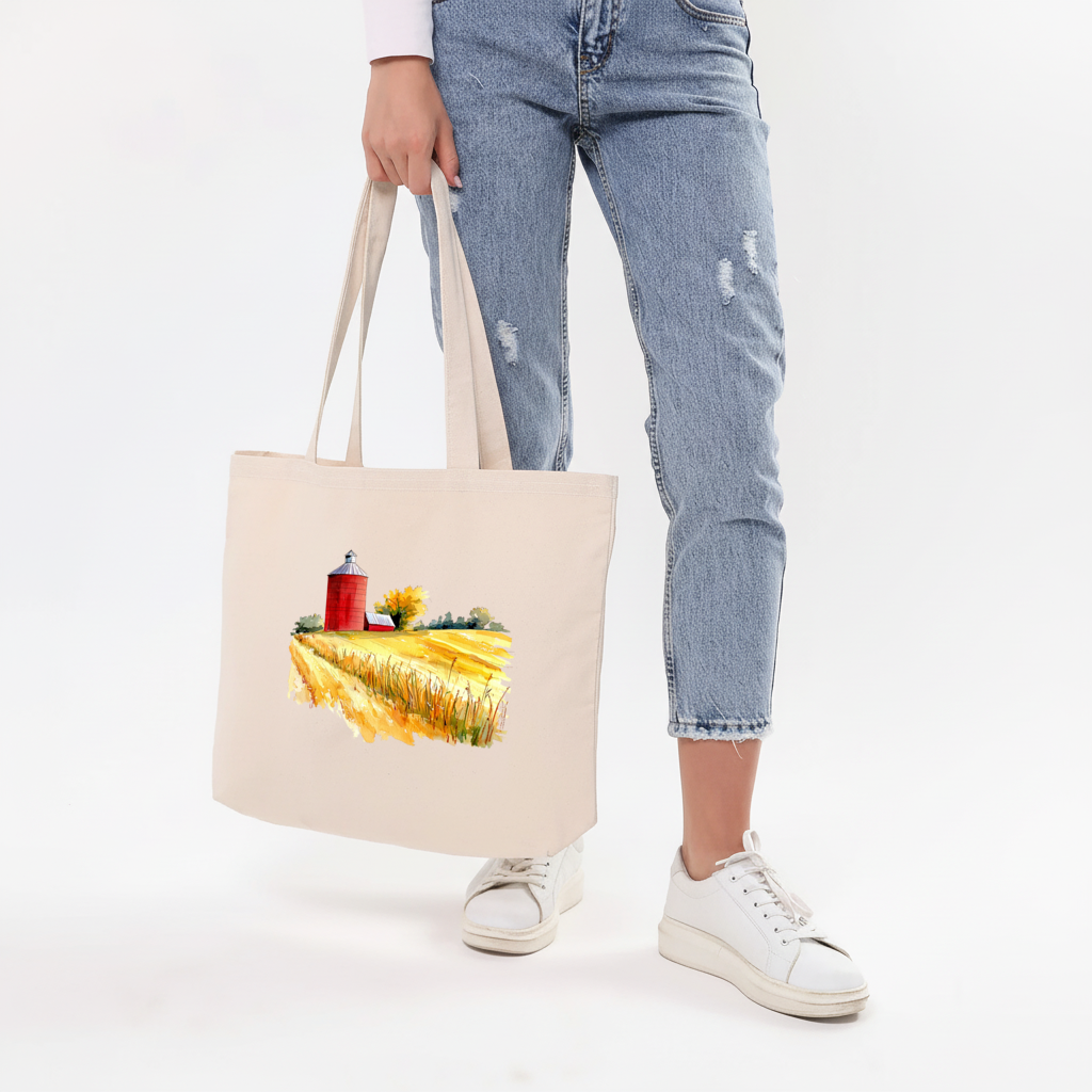 Red Farm Silo and Golden Wheat Field Horizontal Canvas Tote Bag