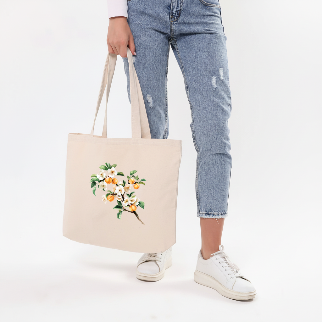 Watercolor Apricot Blossom Branch Horizontal Canvas Tote Bag