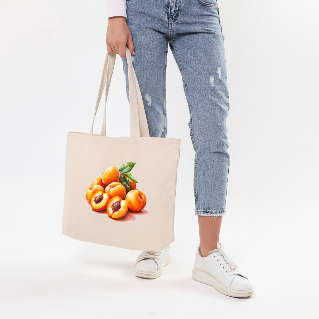 Watercolor Apricot and Leaves Horizontal Canvas Tote Bag