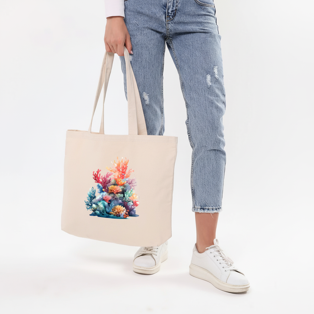 Vibrant Watercolor Coral Reef Scene Horizontal Canvas Tote Bag