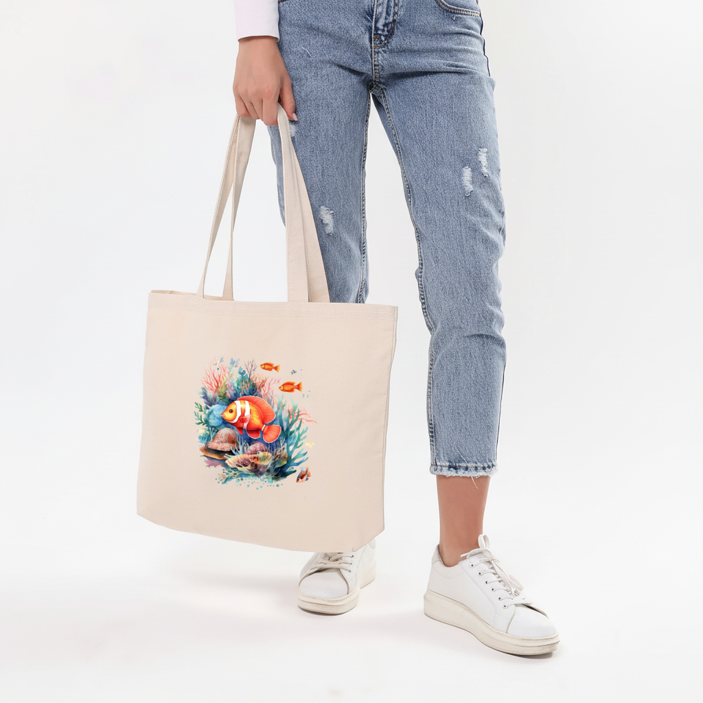 Watercolor Clownfish and Tropical Coral Reef Horizontal Canvas Tote Bag