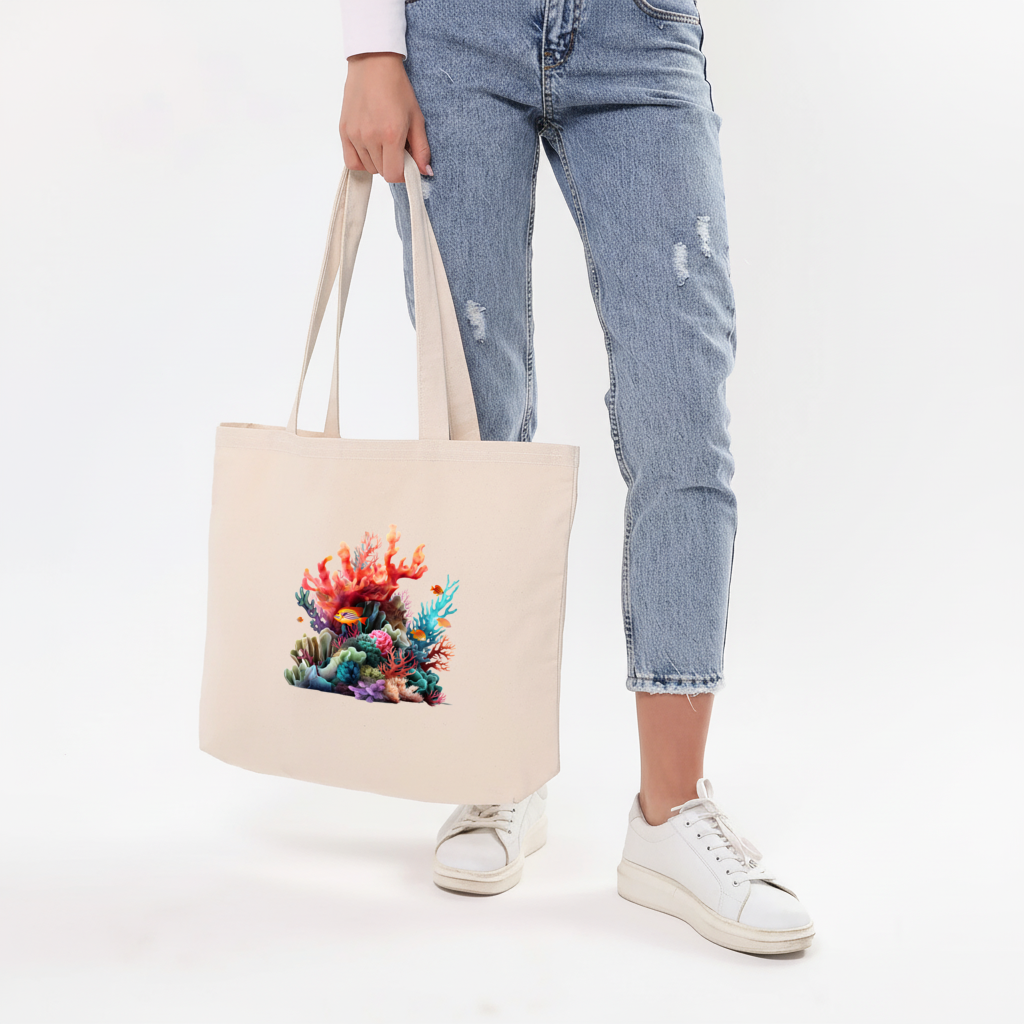 Vibrant Coral Reef and Tropical Fish Horizontal Canvas Tote Bag