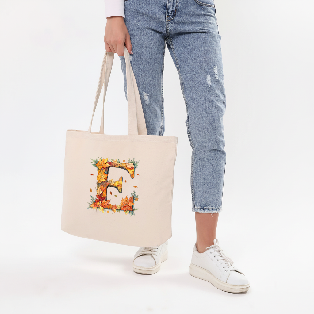 Autumn Maple Leaf Letter E Horizontal Canvas Tote Bag