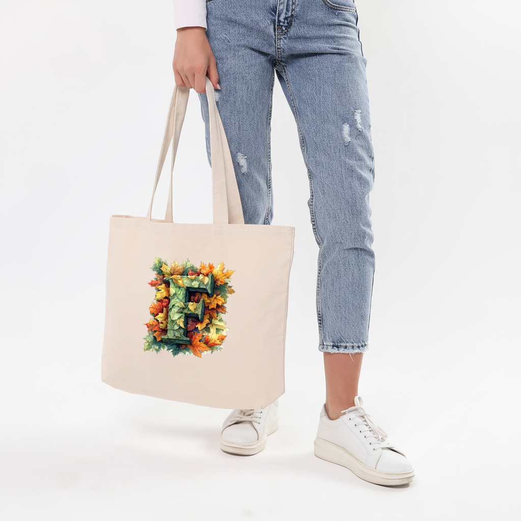Autumn Leaf Monogram F Horizontal Canvas Tote Bag