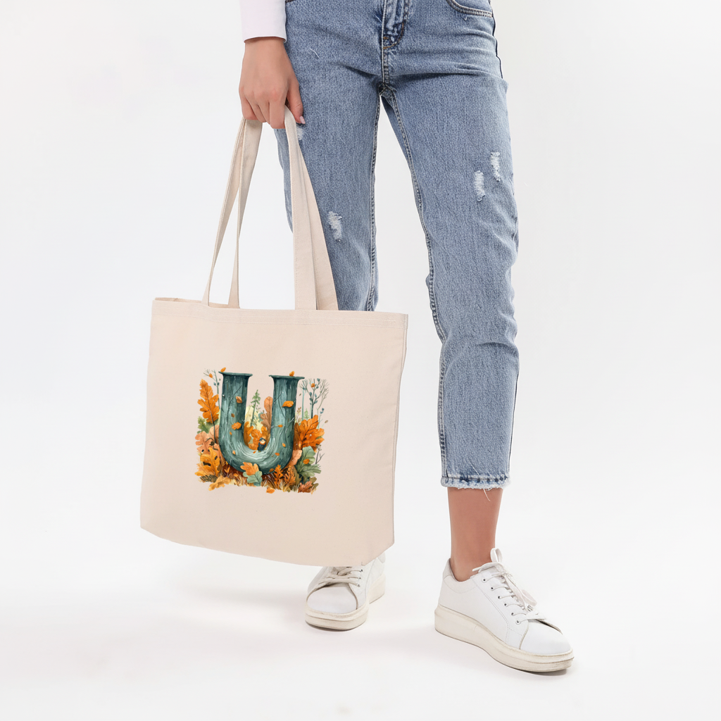 Autumn Woodland Initial Letter U Horizontal Canvas Tote Bag