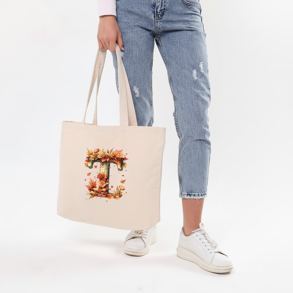 Autumn Leaf Wooden Letter T Horizontal Canvas Tote Bag