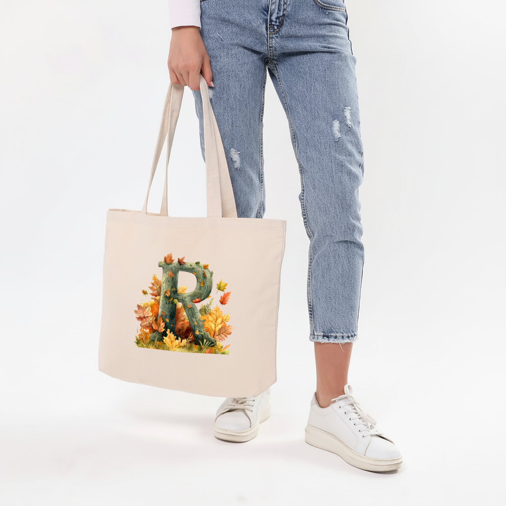 Autumn Letter R with Fall Leaves Horizontal Canvas Tote Bag