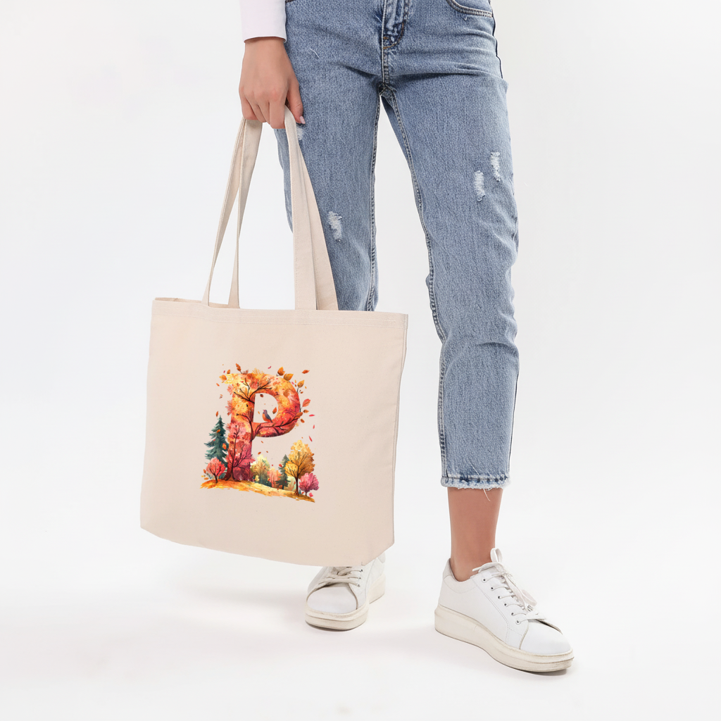 Autumn Forest Letter P with Bird Horizontal Canvas Tote Bag
