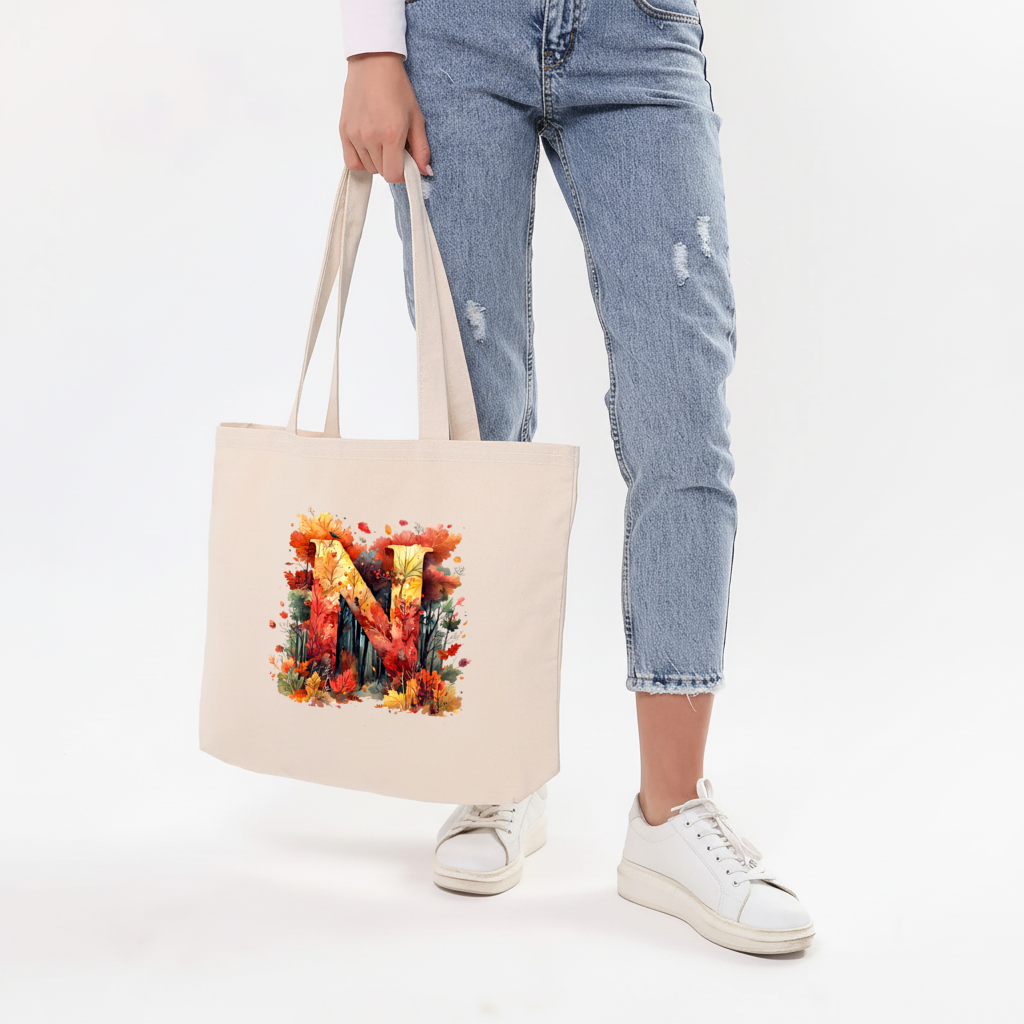 Autumn Leaf Monogram N Horizontal Canvas Tote Bag