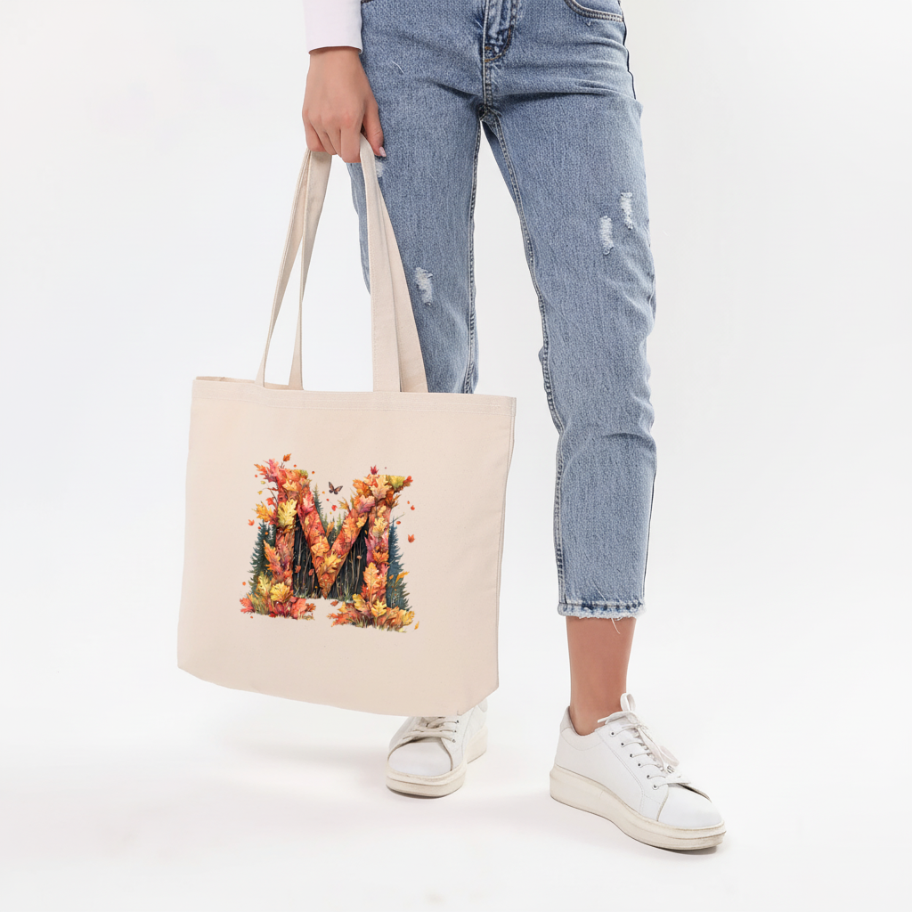 Autumn Letter M With Fall Leaves Horizontal Canvas Tote Bag
