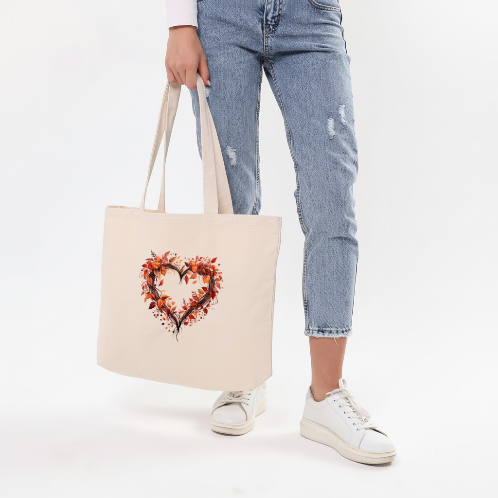 Autumn Leaves Heart Wreath Horizontal Canvas Tote Bag
