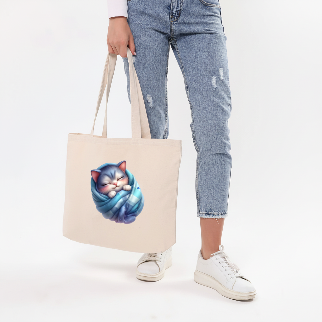 Kawaii Sleeping Kitten in Blue Swaddle Horizontal Canvas Tote Bag