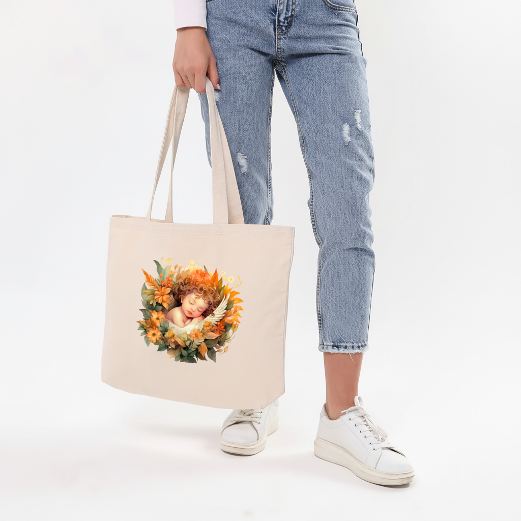 Çiçekler Arasında Uyuyan Bebek Melek Yatay Canvas Çanta