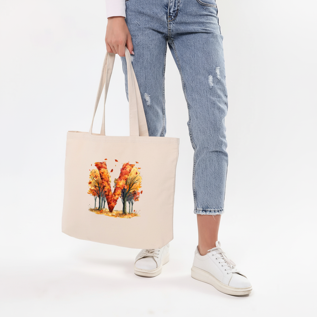 Orange Autumn Forest Letter M Horizontal Canvas Tote Bag