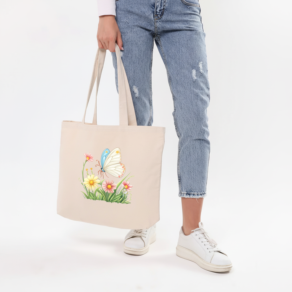 Whimsical Pastel Butterfly and Wildflowers Horizontal Canvas Tote Bag