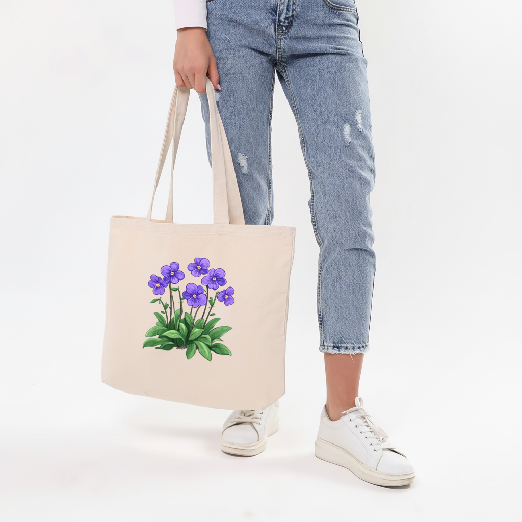 Cottagecore Purple Violets Horizontal Canvas Tote Bag