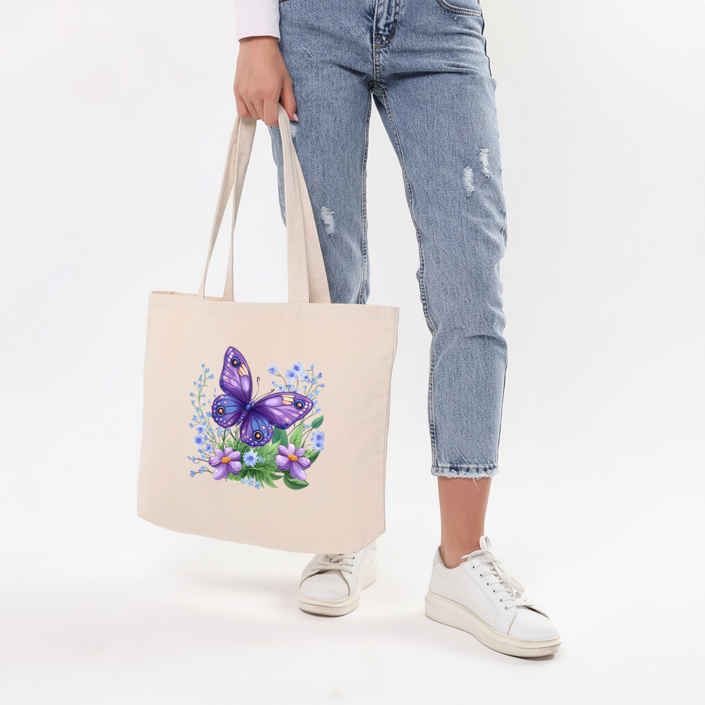 Mor Kelebek ve Mavi Kır Çiçekleri Yatay Canvas Çanta