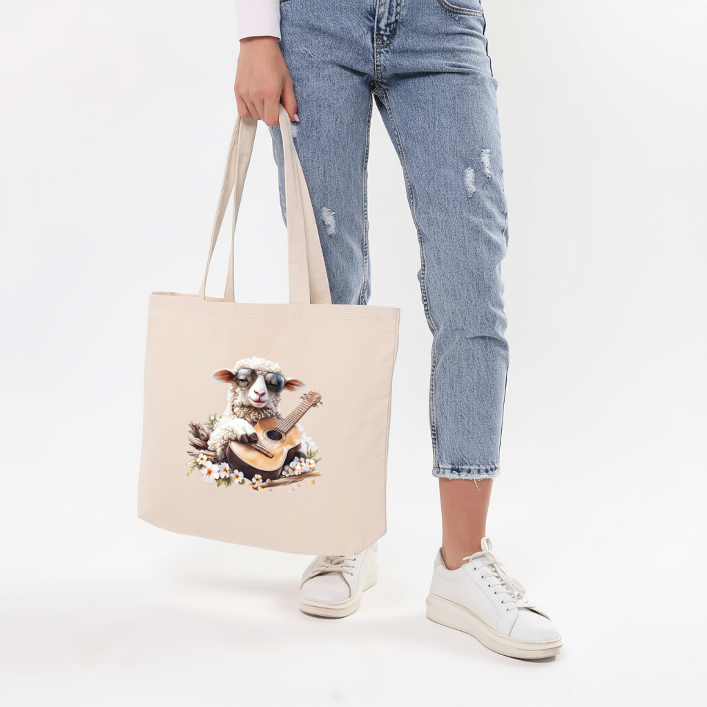 Cool Sheep Playing Ukulele with Flowers Horizontal Canvas Tote Bag