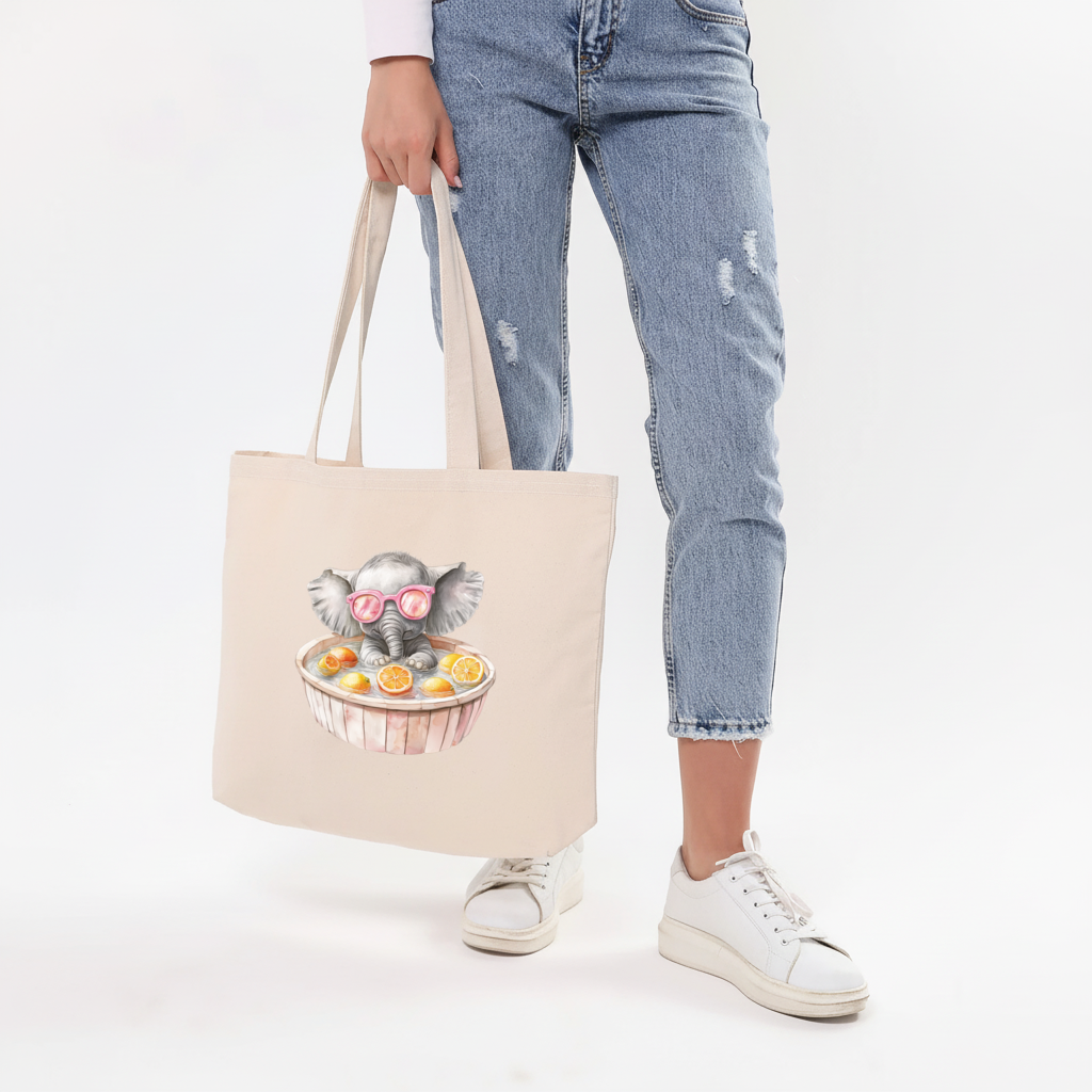 Baby Elephant in Pink Sunglasses Citrus Bath Horizontal Canvas Tote Bag